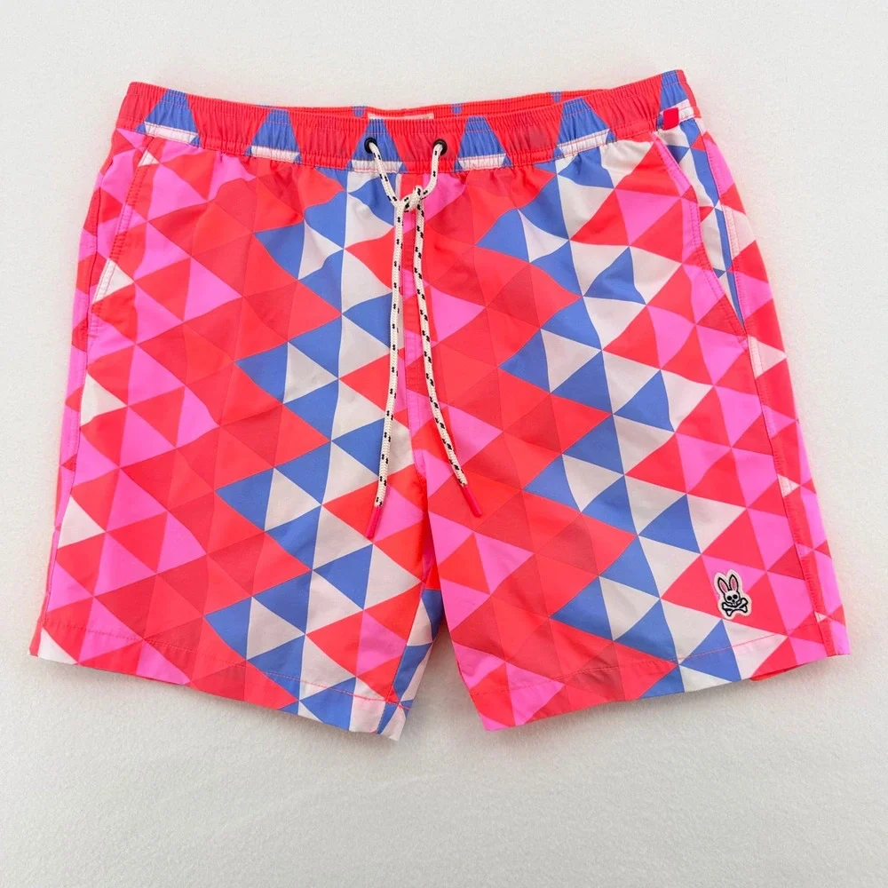 Psycho Bunny Swim Trunks Mens Large NeoPink Blue Geometric Print Excellent